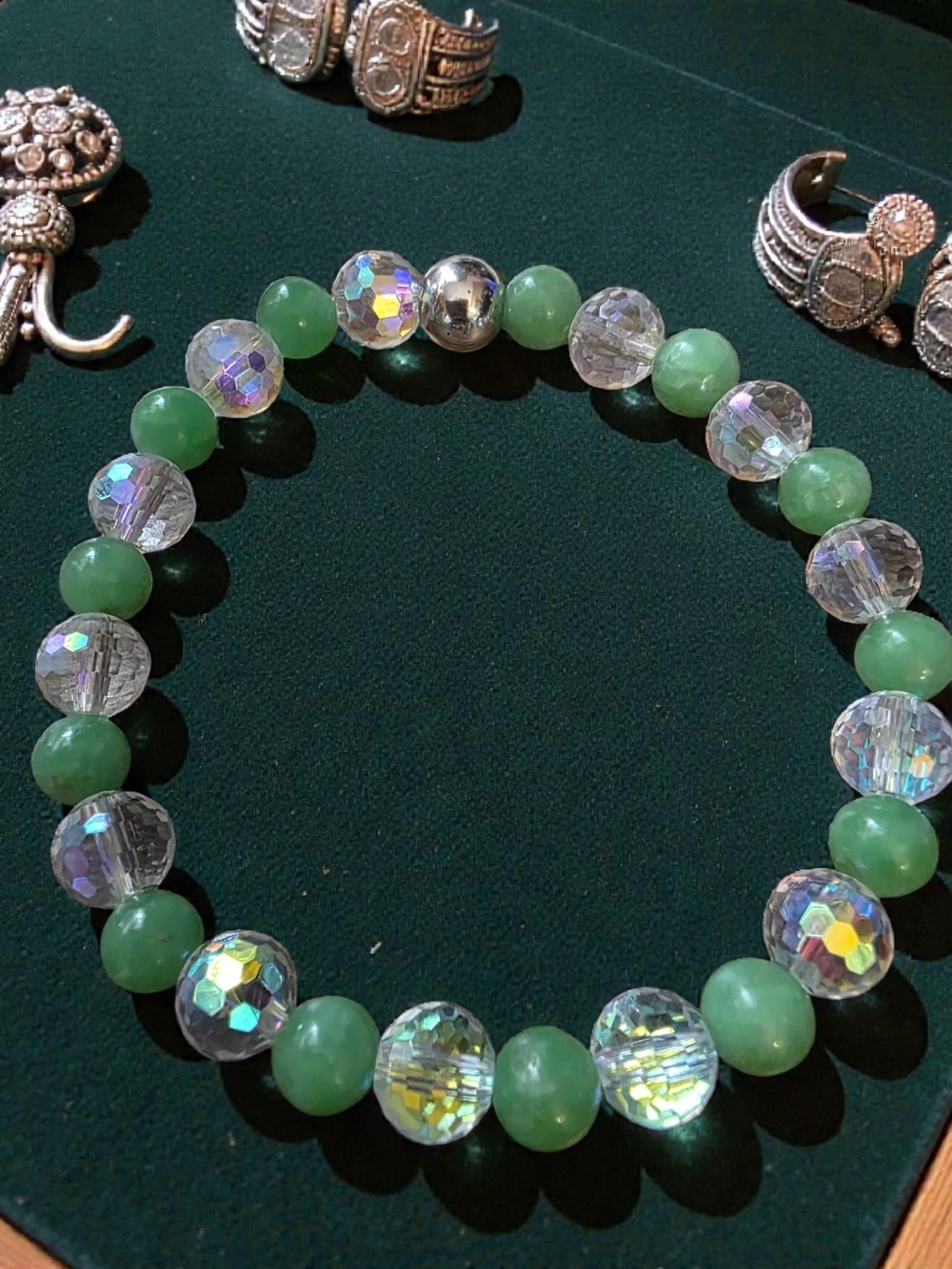 Green Authentic Jade and Iridescent Crystal Stretch Bracelet
